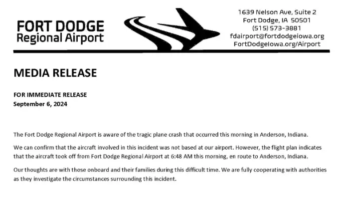 Fort Dodge Regional Airport PRESS RELEASE UPDATED SUNDAY, SEPTEMBER 9, 2024